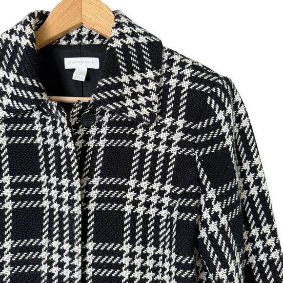 Charter Club Wool Blend Plaid Tweed Coat Black White Button Front, Size 4 - Picture 4 of 9
